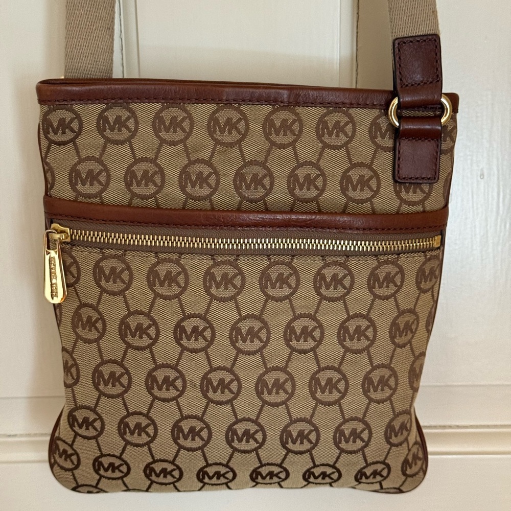 Michael Kors MK Logo Canvas Crossbody Bag Brown Tan Adjustable Strap